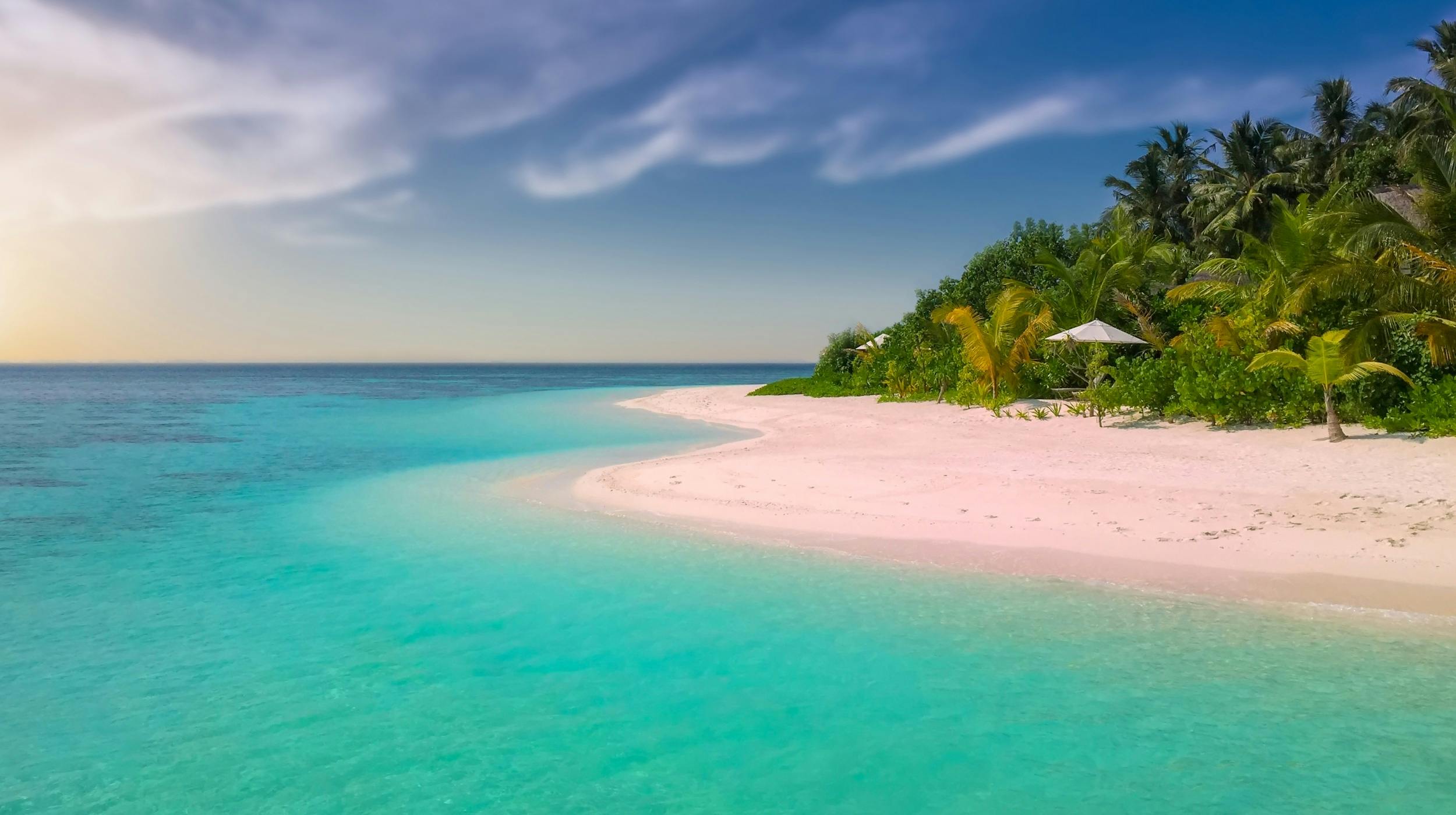 Luxury tropical beach with white sand, palm trees and turquoise water